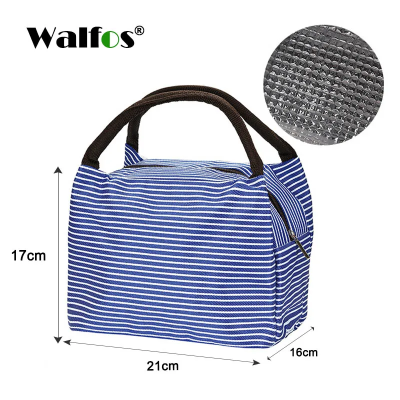 WALFOS Portable Lunch Bag Canvas Stripe Insulated Cooler Bags Thermal Food Picnic Lunch Bags Kids Lunch Box Bag Tote - Цвет: WALFOS Sky blue