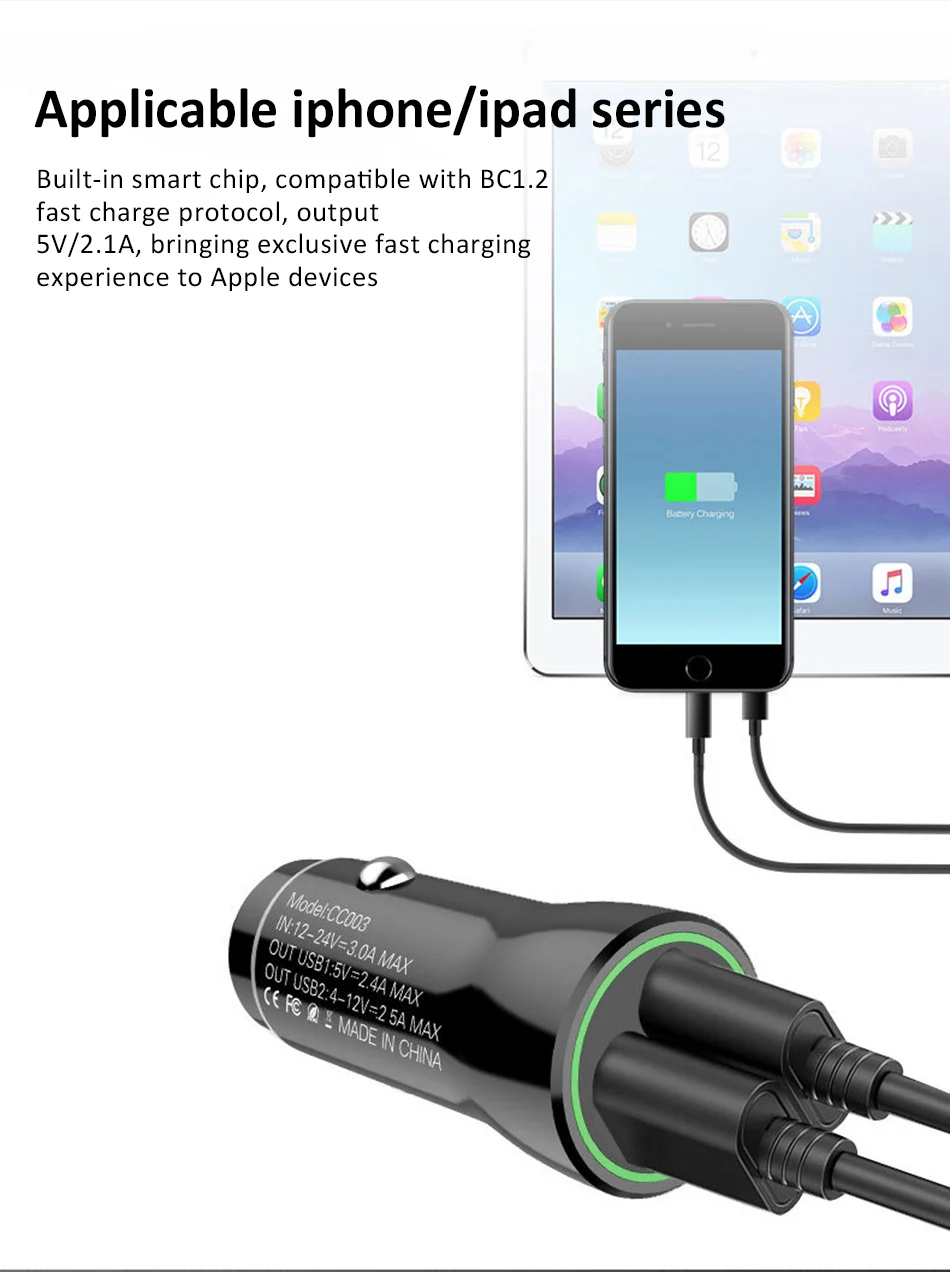 Universal Mini Double Port USB Car Charger Quick Charge 3.03.1A With LED Fast Car Mobile Phone Charger For Samsung iPhone X 7 8 (5)