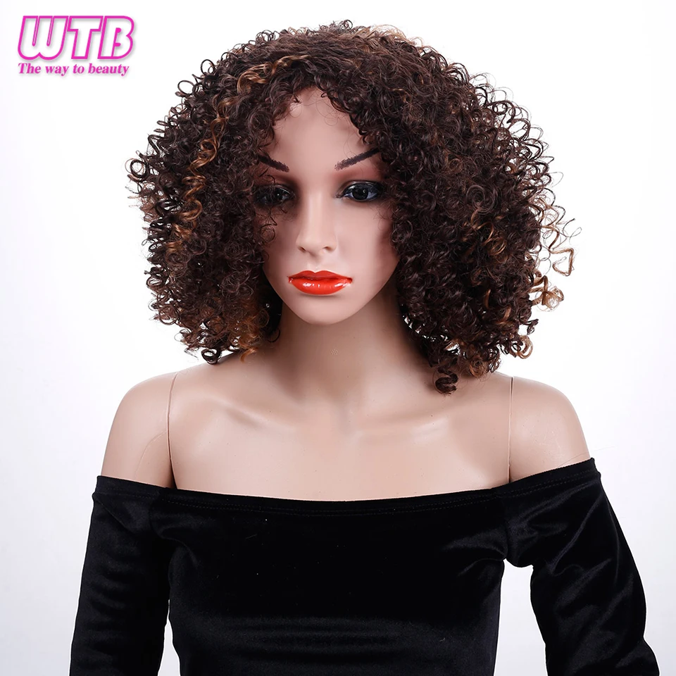 WTB коричневый смешанные синтетические курчавые кучерявые парики для женские короткие парики африканские американские натуральные черные поддельные волосы