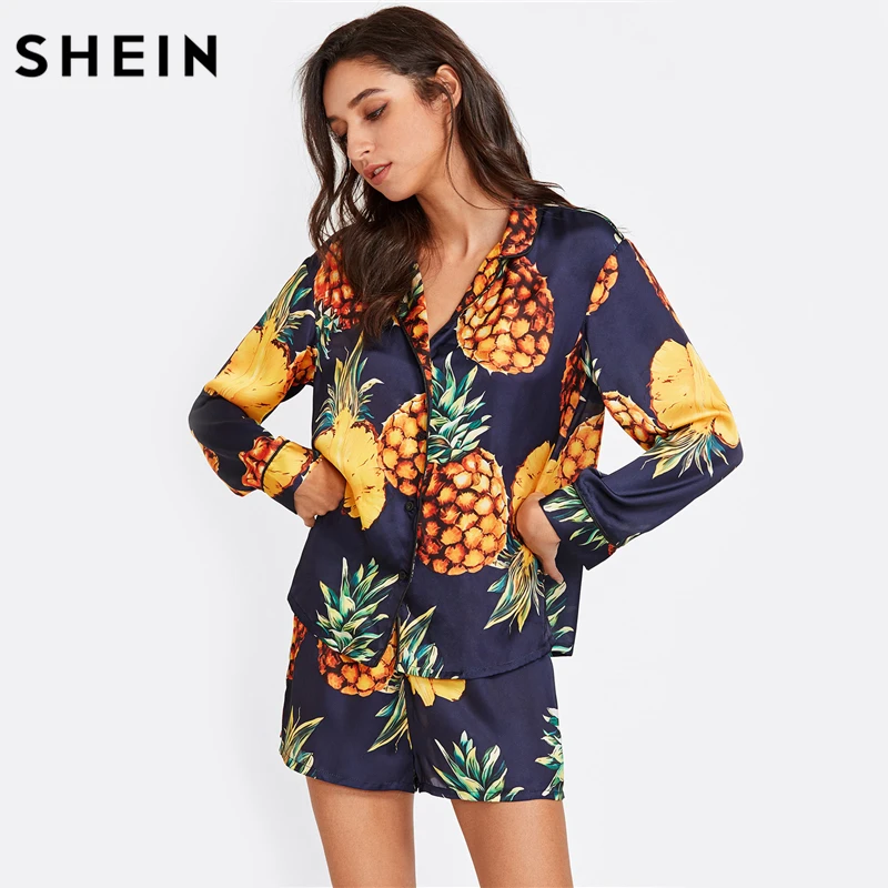 SHEIN Womens Pajamas Sleepwear Long Sleeve Navy Pineapple Print Tipping Shirt and Shorts Pajama
