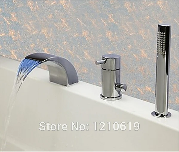 

Newly US Free Shipping 3Pcs Bathroom Waterfall Bathtub Faucet With Shower Hand LED Color Changing Mixer Tap Deck Mount