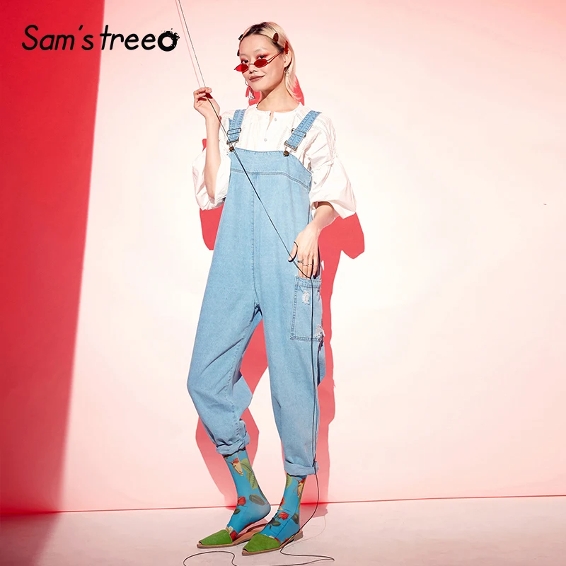 

Samstree Sky Blue Solid Minimalist Style Denim Jumpsuits Jeans Women 2019 Autumn Hole Washed Korean Loose Casual Ladies Pants