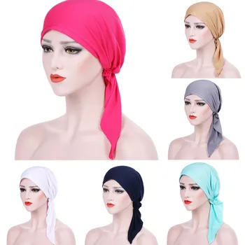 

2018 New Arrival Women Cotton Blend India Hat Muslim Ruffle Cancer Chemo Beanie Scarf Turban Two Tail Wrap Cap High Quality #30