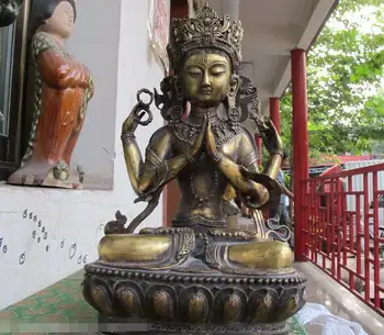 

Tibet Folk Temple Bronze Gild Four hands Kwan-yin Bodhisattva Buddha Statue