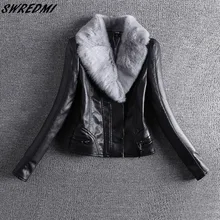 SWREDMI, новинка, тонкая женская кожаная куртка с воротником из натурального меха кролика Рекс, осенняя и зимняя Толстая кожаная куртка, верхняя одежда, плюс 4XL