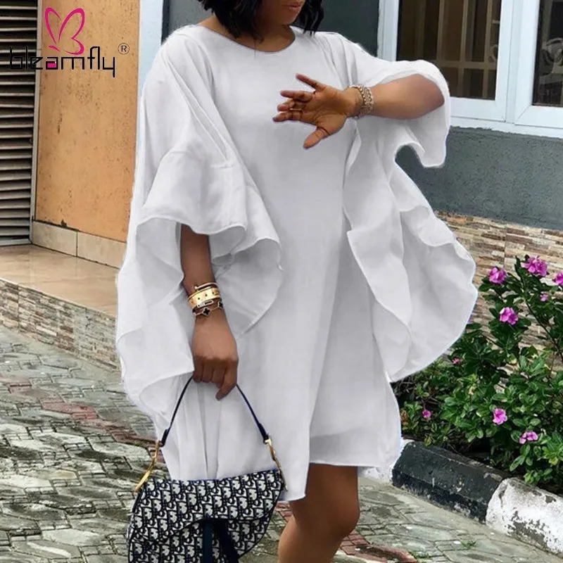 

White Loose Dress for Women Three Quarter Butterfly Sleeve Plus Size Mini Dress T Shirt Casual Sundress Summer Boho Vestidos