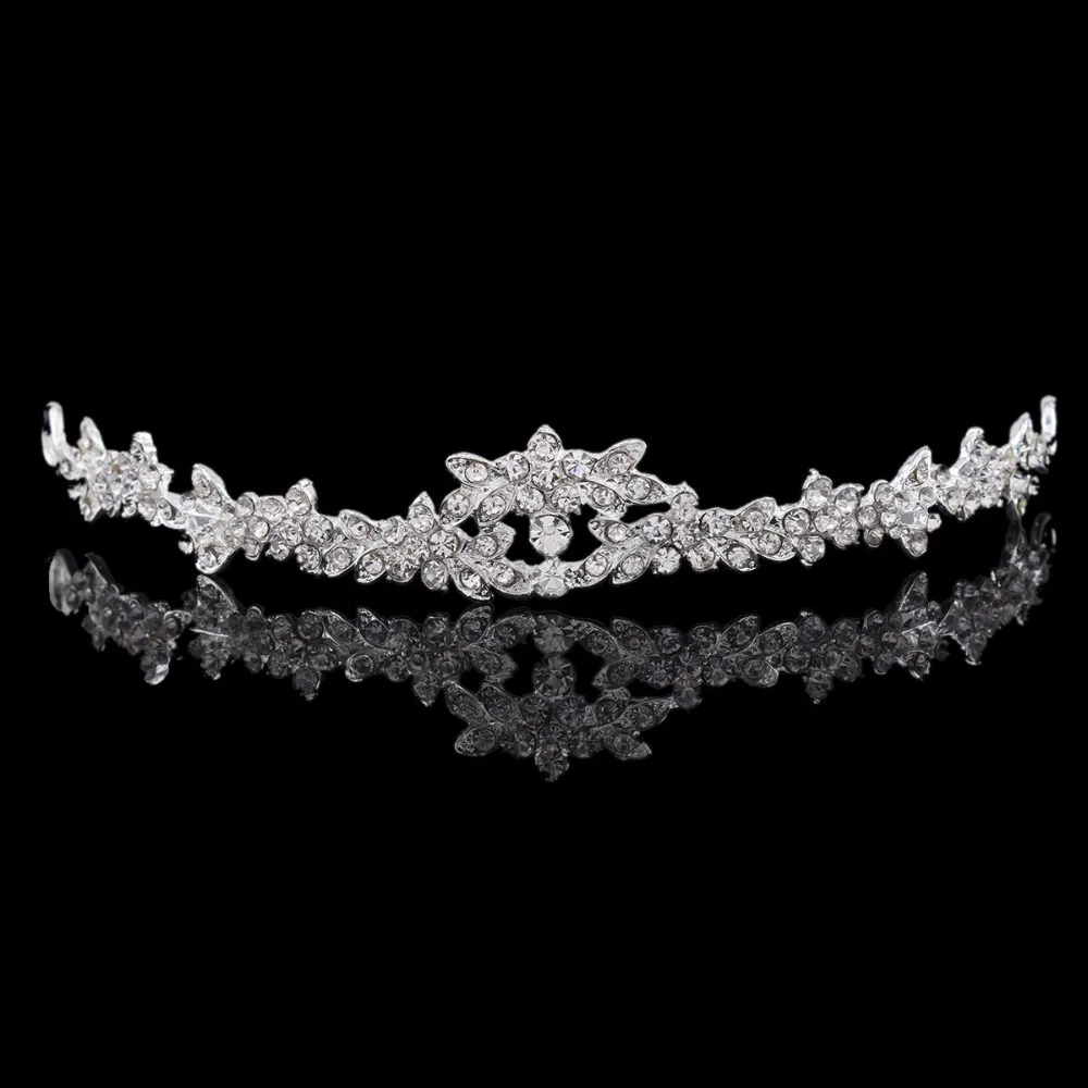 SHOSIXUAN Wedding Pearl Crown Tiara Flower Rhinestone Crystal Neckalce and Earrings Jewelry Sets for Bridal (2)