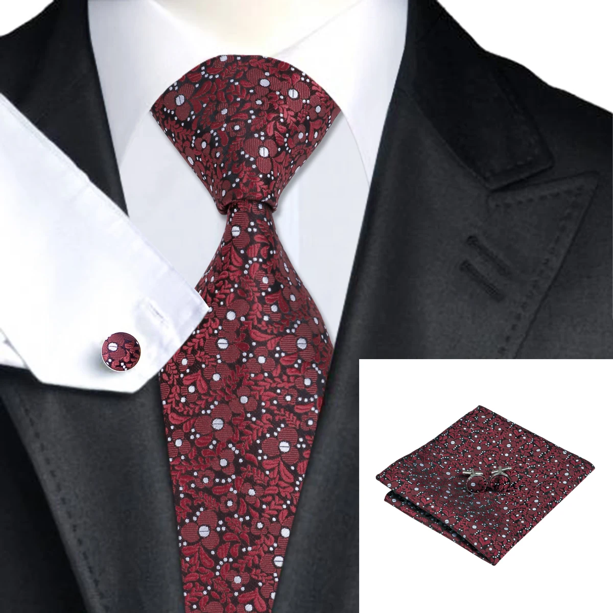SN-1509 New Arriving Red Floral Tie for Mens Suit Fashion Hi-Tie Silk Gravata Hanky Cufflinks Set for Mens Unique Wedding Party