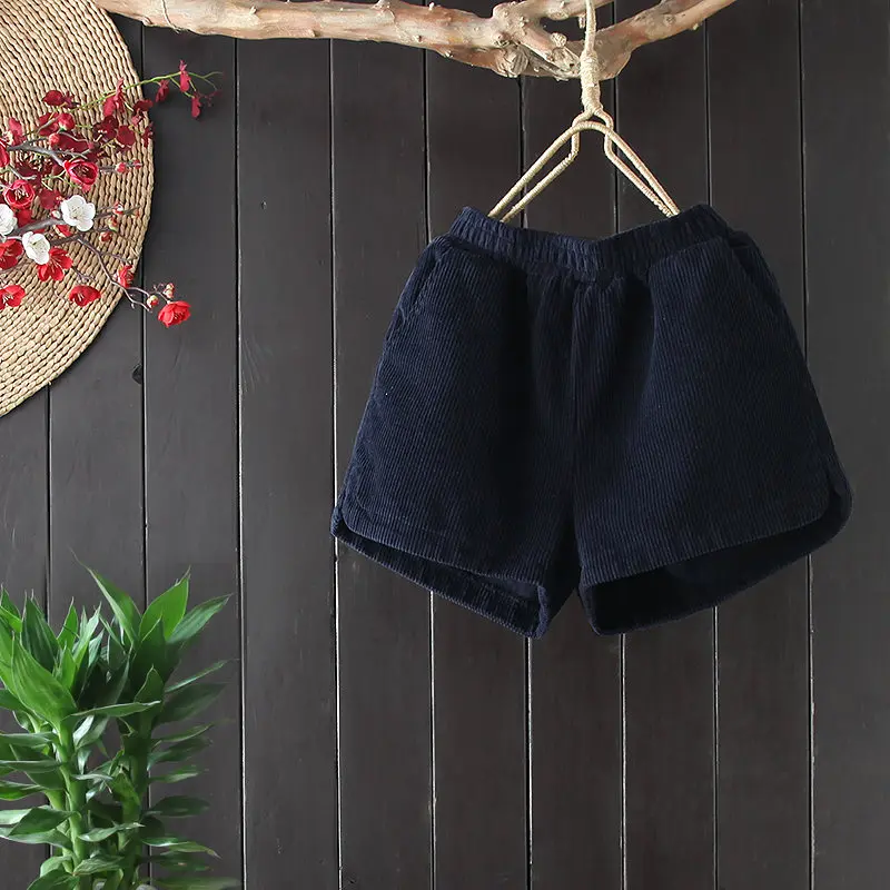 dark blue Свободные эластичные шорты с высокой талией женские повседневные осенне-зимние вельветовые шорты с карманами короткие женские брюки женские черные шорты C5170 - Цвет: dark blue