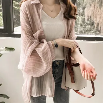 

Summer Sunscreen perspective cute top shirt female was thin single breasted striped shirt tops wq1547 dropship