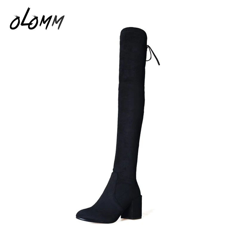 Cuir Troupeau Bout Black Bottes En Automne Carré Printemps Dentelle Longues Hiver the Rond black Pu Solide Fleeces Over Talon up De Véritable Polaires Intérieur genou m0nwN8v