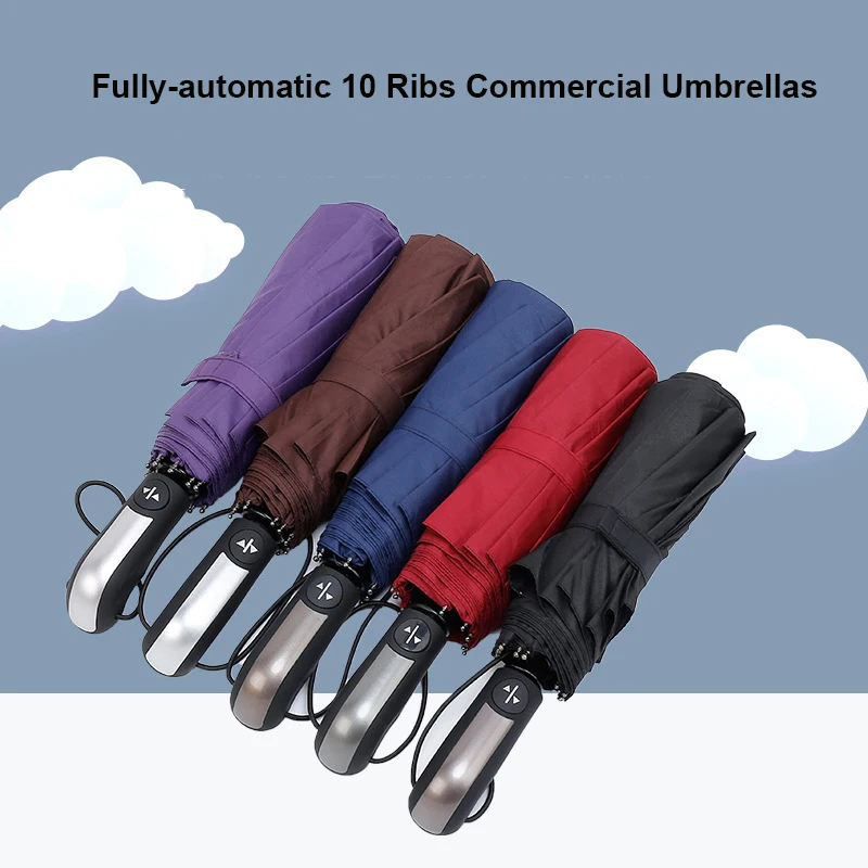 10 ребер полностью автоматический мужской коммерческий компактный большой прочный каркас ветрозащитный Нежный черный три складные зонты дождевик