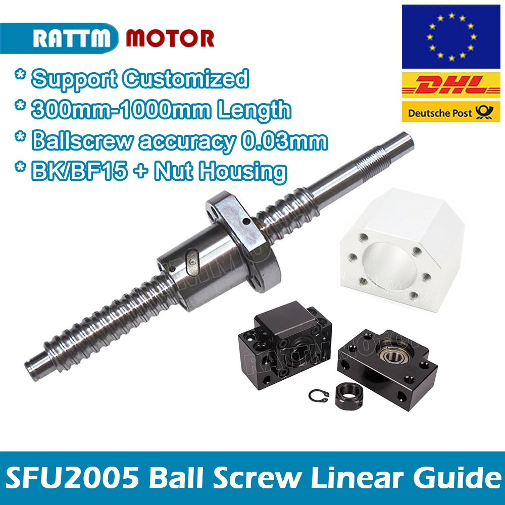 Parafuso de Esfera Sfu2005 500 600 800 1000 mm c7 com a Extremidade Usinada Porca Habitação bk Bf15 para Guias Lineares da Máquina do Roteador