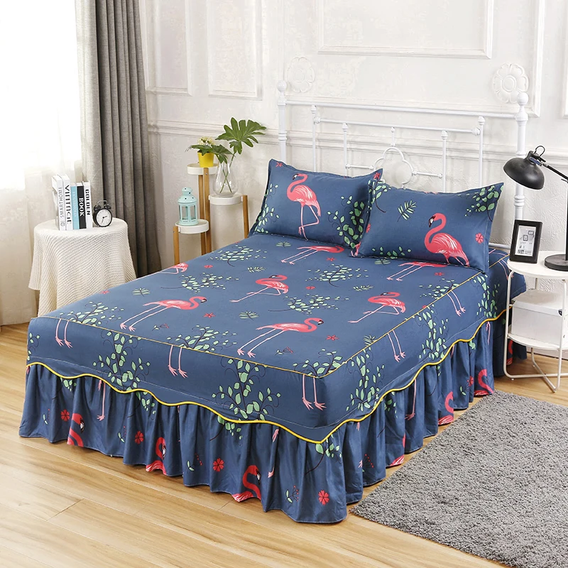 

Flamingo printed Navy Ruffled Bed Skirt Set Ultra Soft Lightweigh Polyester Full/Queen size 3Pcs Bed sheet set Bed cover