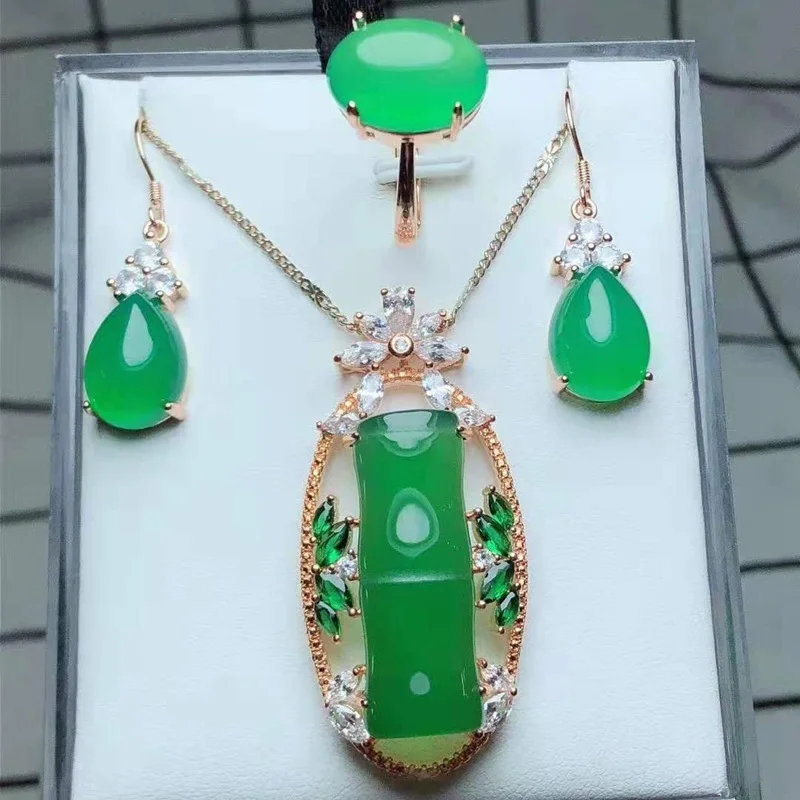 

2020 Sale Real Necklace Set Joyas Factory Wholesale 925 Inlaid Natural Agate Three Sets Of Knot High-rise Pendant Ring Earrings