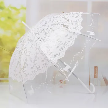 

Long Handle Transparent Clear Umbrella Portable Rain Proof Umbrellas Imitation Lace Pattern Umbrellas for Women Lady Girls