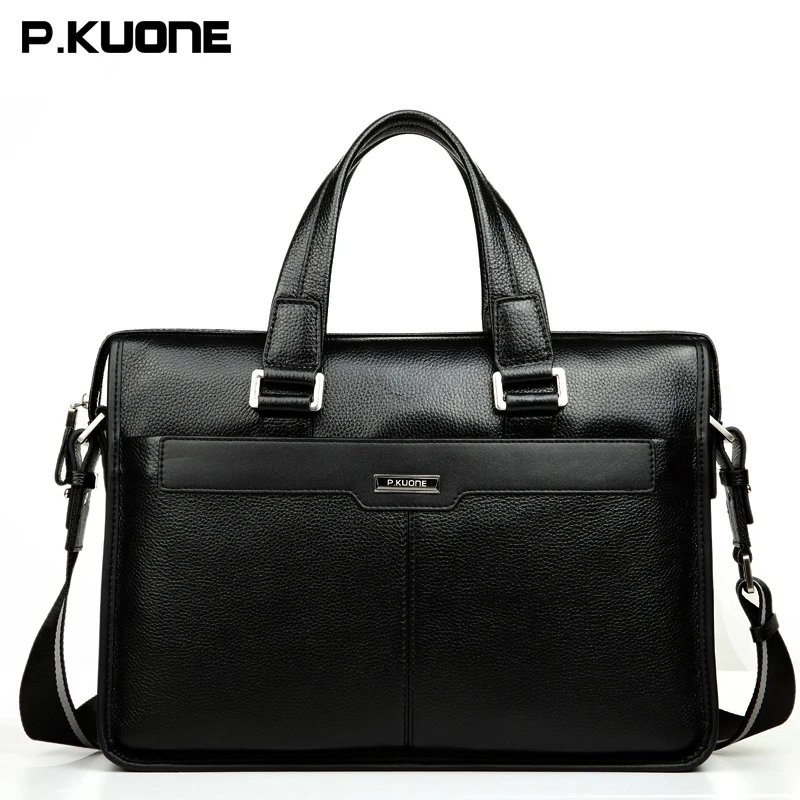 P.KUONE Brand Cow Leather Handbag Crossbody Laptop Bag Men Genuine Leather Briefcase Men's Shoulder Messenger Bags Brown Black