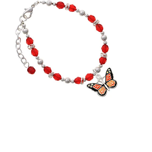 Silvertone Large Monarch Butterfly with 6 AB Crystals Red Beaded Bracelet