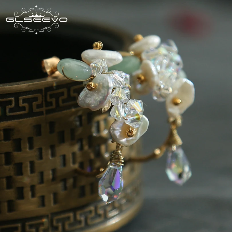 

GLSEEVO Natural Fresh Water Baroque Pearl With Jade Crystal Handmade Earrings For Women Gift Drop Earring Fine Jewellery GE0551