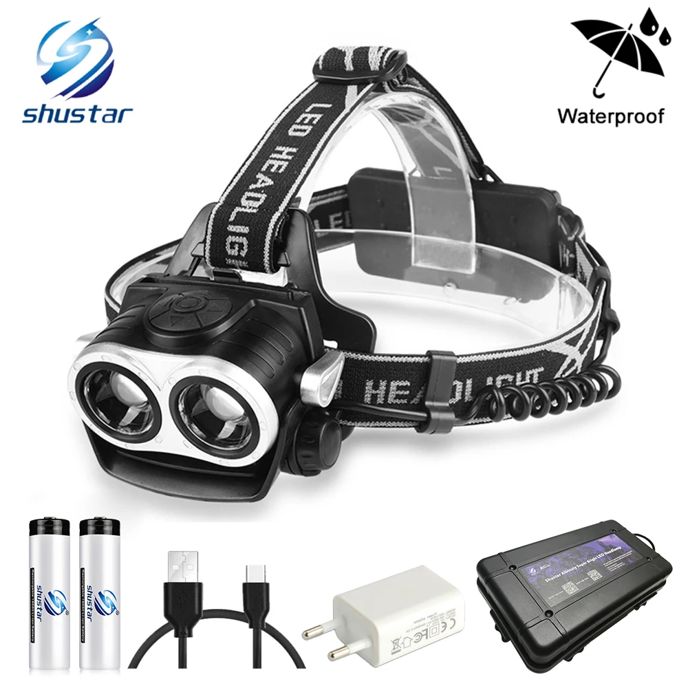 Goedkoop Super heldere Led Koplamp 2xT6 LED head Zoomable Koplamp Waterdichte Hoofdlamp zaklamp Hoofd lamp Vissen Jacht Licht