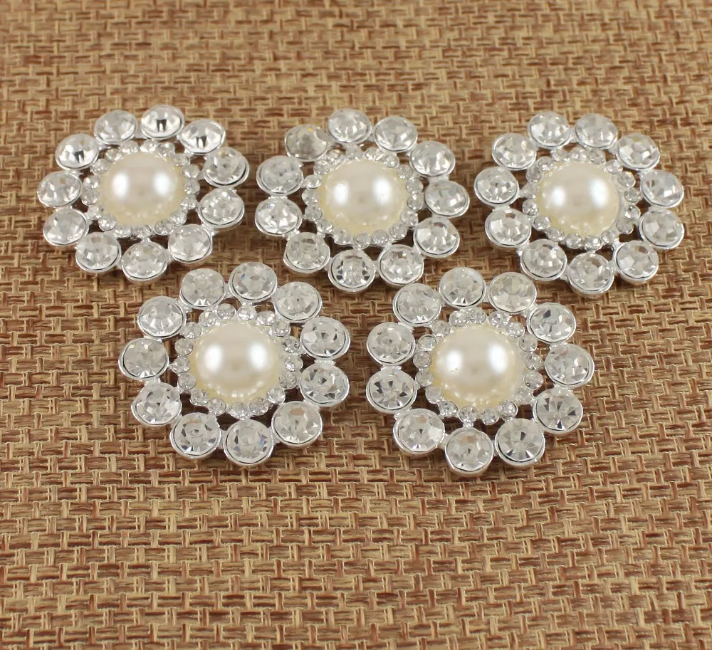 

2Pcs Ivory Pearl Clear Rhinestone Shank Silver Tone Big Button Sewing Craft