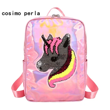 

PU Leather Laser Sequins Unicorn Backpack for Women Fashion Bagpack for Teenage Girls 2020 Large Pink Schoolbags Cute SAC A DOS