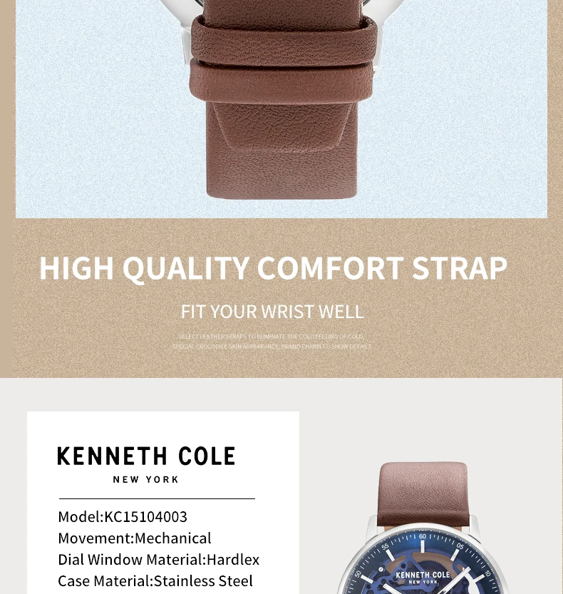 Kenneth Cole оригинальные мужские часы коричневые автоматические механические с кожаной пряжкой водонепроницаемые Роскошные Брендовые Часы KC15104003