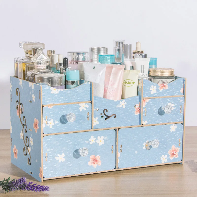 

Wood Multilayer Storage Desk Oraganizer Set Box Makeup Organizer Drawers Desk Set DIY Assembly Case 34.5*18.5*21.5cm