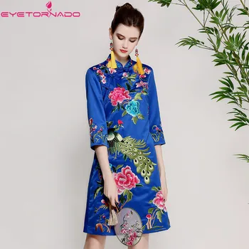 

Women flower phoenix embroidery Oriental Cheongsam dress qipao casual work office ethnic dress Chinese style vestidos E7958