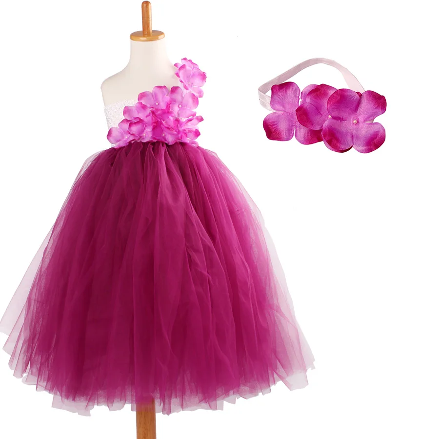 Girls Plum Flowers Wedding Tutu Dress with headband Children Summer Handmade Tulle Costume (5)