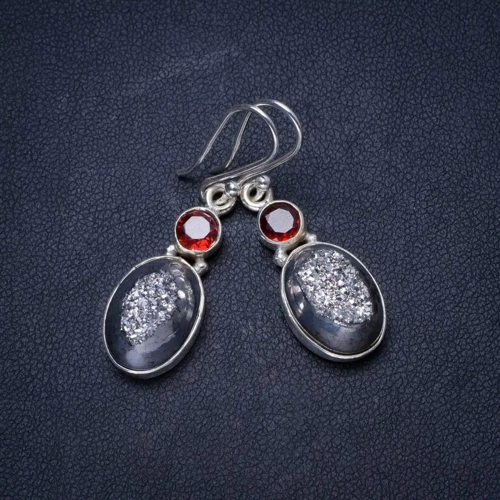 

Natural Druzy and Garnet Handmade Unique 925 Sterling Silver Earrings 1.5" X3641