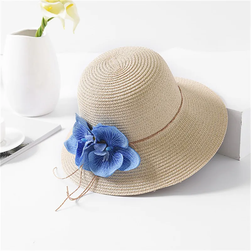 USPOP Новая Летняя женская соломенная шляпа с цветком, Повседневная пляжная шляпа с широкими полями, летняя соломенная Кепка - Цвет: Бежевый