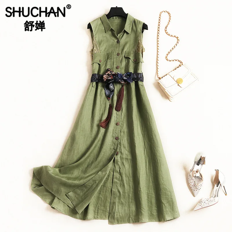 

Shuchan 57.8% Linen +42.2%cotton Office Lady Tank Dress Summer Designer Women Dresses 2019 High Quality Elegant Dresses 51275