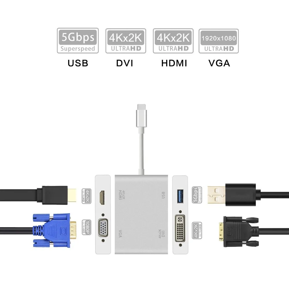 Mini 4 in 1 USB 3.1 Type C Male to HDMI VGA DVI USB 3.0 Female Video Adapter Aluminium Adapter 4K 1080P Converter For Macbook