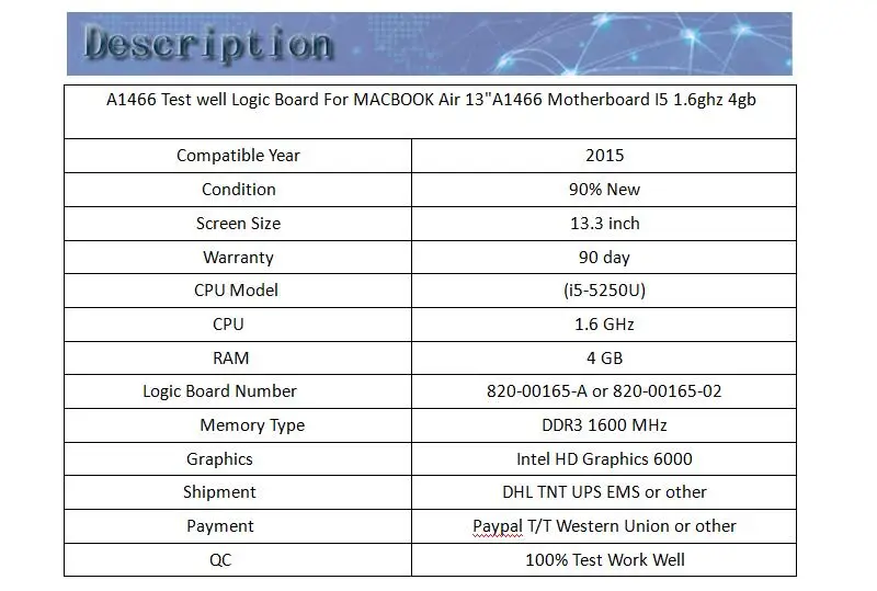 A1466 материнская плата для Macbook Air 13 "I5 1,6 ГГц 4 ГБ материнскую плату 820-00165-A или 820-00165- 02 2015 год