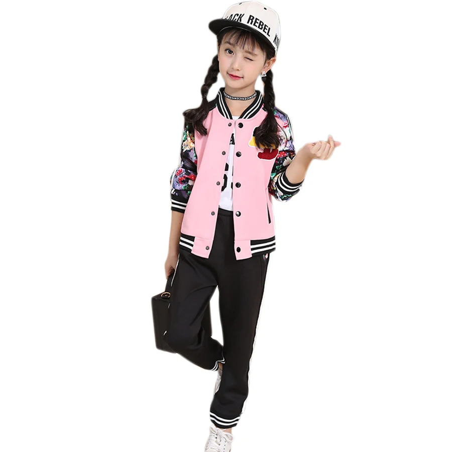 

2018 girls suit spring big children tracksuit autumn long sleeve casual baseball uniform 3pcs for teen 3 4 6 7 9 8 10 12 years