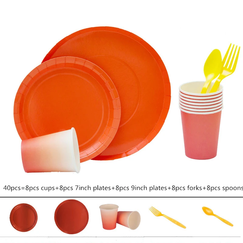 

OLOEY Birthday Orange Disposable Party Tableware Set Paper Disposable Cups Plate Spoons Forks Kids Birthday Gifts Decoration