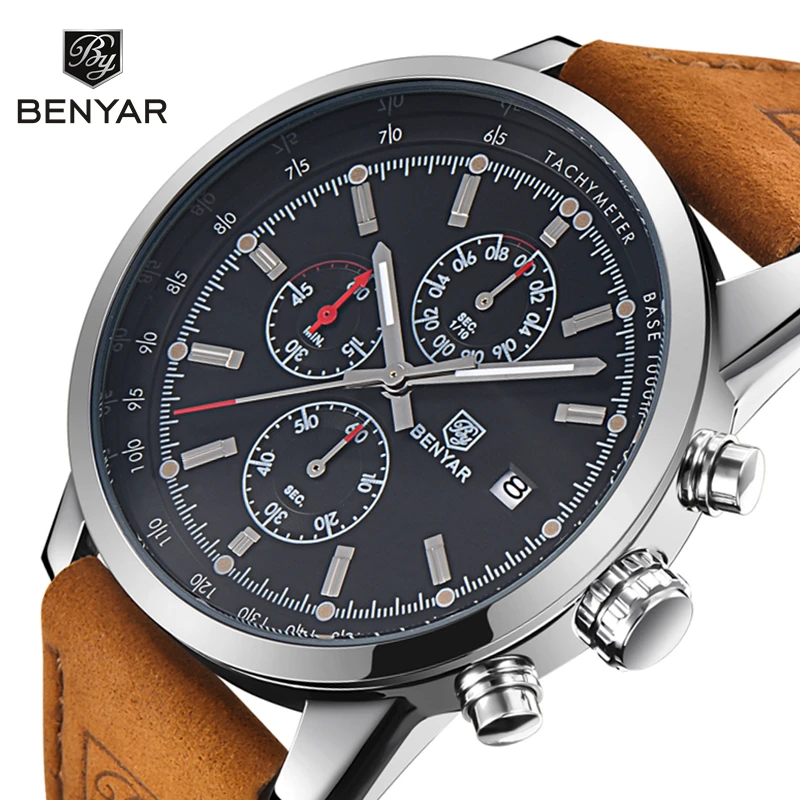 

BENYAR Leather Sport Quartz Chronograp Mens Watches Top Brand Luxury Waterproof military Clock Male hour relogio Masculino