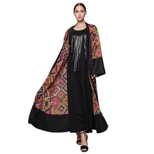 Mulheres Alargamento Da Luva de Impressão Cor Hit Pacthwok Cardigan Islâmico Muçulmano Abaya Vestido Maxi Caftan Turco Vestes Exteriores Big Size S-5XL(China)