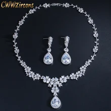 CWWZircons Роскошные африканские женские свадебные вечерние ювелирные изделия, длинные висячие цветы, свадебные CZ серьги, ожерелья, наборы для невест T177