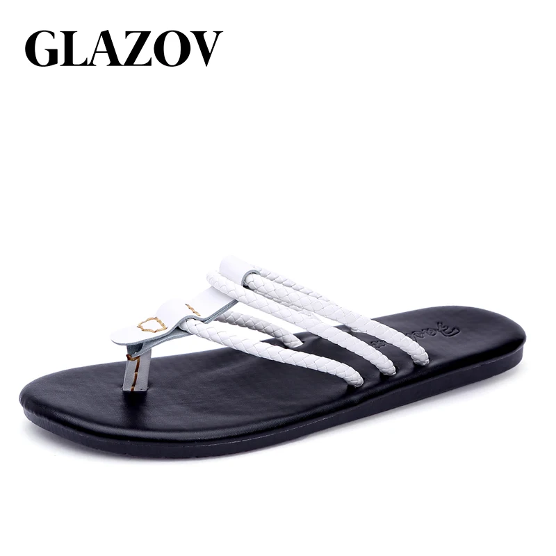 

GLAZOV Fashion Men Flip Flops Leather Beach Shoes 2019 New Summer Shoes Outdoor Dual Use Slippers Flat Heels For Male Sandalias