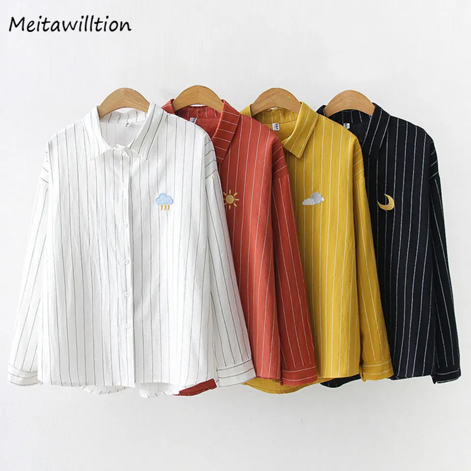 

2019 Harajuku Weather Women Embroidery Blouse Long Sleeve Female Striped Blouse Shirt Spring Ladies Turn Down Collar White Tops