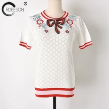 ORDEESON галстук-бабочка футболка Летняя футболка Для женщин Лето цветок вышивка полый белая дизайнерская рубашка в полоску с круглым вырезом