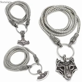 

Nostalgia Teen Wolf Thor Hammer Slavic Wheel Axe Viking Raven Heads Collier Sautoir Long Chain Necklace Men Women Goth