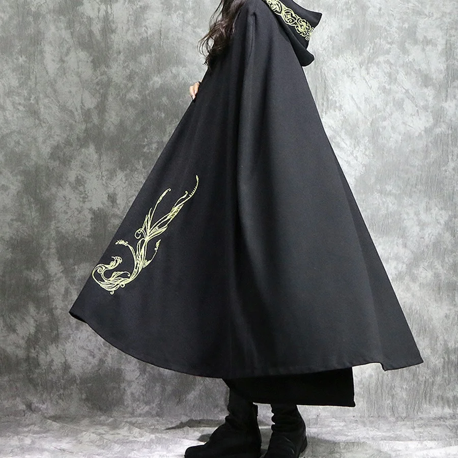 Черная китайская туника, платье в китайском стиле, накидка с капюшоном, женское пончо, традиционная китайская одежда для медитации, Китайский плащ на Хэллоуин, KK2752