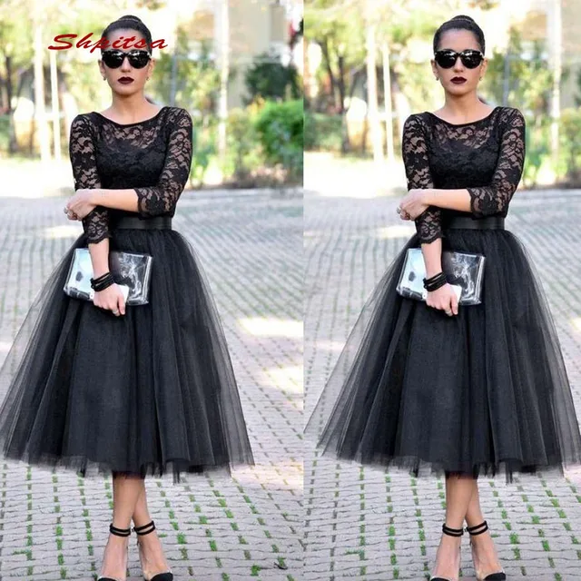 Black Long Sleeve Lace Cocktail Dresses Party Tea Length Graduation Women Prom  Plus Size Coctail Mini Semi Formal Dresses - Cocktail Dresses - AliExpress