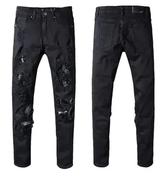 

28-40 Summer new thin section hole jeans male Europe and the United States black personality wear broken locomotive punk jeans