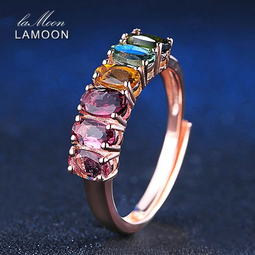 Ceny LAMOON Biżuterii Ciała Pierścień Podejmowania Kolorowe Naturalny Kamień Turmalin Pierścionki 925 Sterling Silver Rose Moda Kobiet Pierścionki