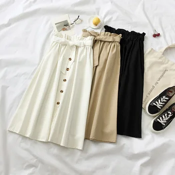 

Elegant High Waist Skirt Womens Summer Women's Ruffle Pleated School Skirt Female Fashion Single Breasted Buttons Midi Skirt