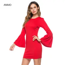 ANMO Fashion Sexy Slim Dress Women Round Neck Flare Sleeve Sheath Bodycon Dresses Autumn Elegant Mini Party Dress